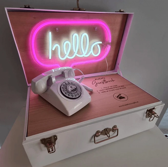 Vintage-style audio phone guestbook at an Irish wedding where guests leave voice messages